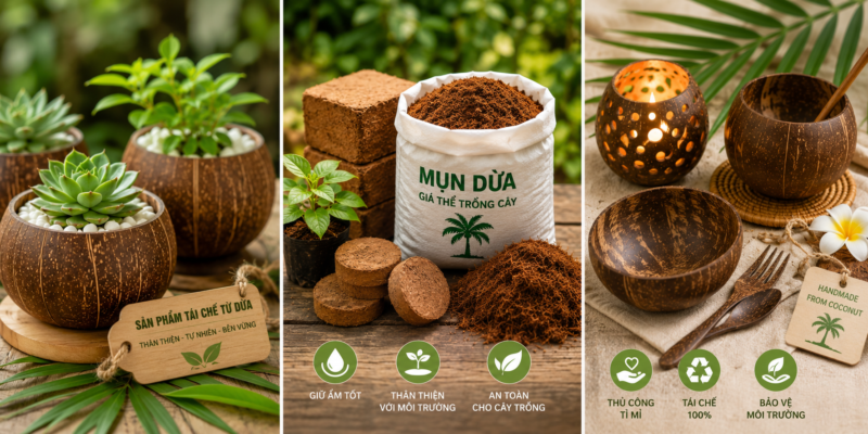 Sản phẩm tái chế từ dừa như chậu gáo dừa, mụn dừa và viên nén xơ dừa giúp bảo vệ môi trường, giảm rác thải và hướng đến lối sống xanh.